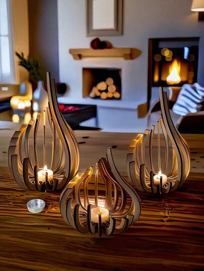 1/3pcs Creative Wooden Candle Holder Set - Modern Minimalist Style Tea Light Candle Holder With Metal Candle Tray, Handcrafted Design, Suitable For Living Room Fireplace Shelf Decoration, Wedding Party Decoration, Ideal Holiday Gift, Candle Holder/Stand/Stick For Decor, Tea Light Holder
