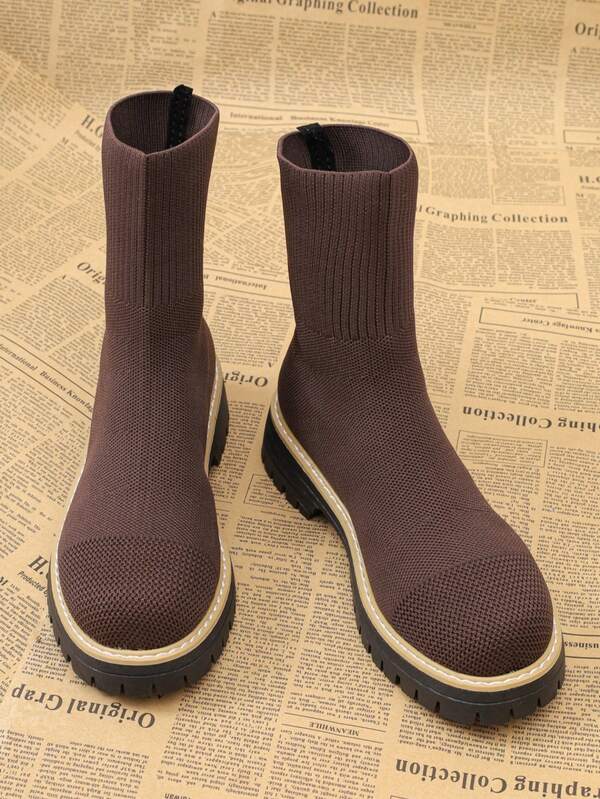 Brown Boots Women, British Style Ankle Boots, Black Versatile Knit Elastic Skinny Boots, High Heel Short Boots, Platform Women Shoes