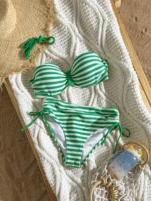 Bộ bikini họa tiết sọc xanh lá cây và trắng gợi cảm & thời trang - Áo hai dây + Quần lót cạp cao | Đồ bơi 2 mảnh cho kỳ nghỉ hè - màu xanh lá - Xem 6