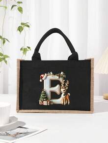 Men's Casual Tote Bag, Large Capacity Shopping Bag, Linen Beach Tote Bag Christmas Theme 26 Letter Print Commuter Tote Bag Yellow Linen Tote Bag, Shopping Bag With Gold Letter And Flower Print, Large Capacity Reusable Shopping Bag Laptop Bag Christmas Bags