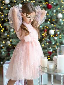 Tween Girl Pink Polka Dot Mesh Sleeve Bow Waist Elegant Christmas Party Dress, Princess Dress Suitable For Girls Birthday Party, Banquet, Wedding Flower Girl, Holiday Celebration - Baby Pink - View 7