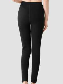 1 pieza Leggings térmicos forrados para mujer, pantalones ajustados de cintura alta elástica para uso diario en invierno - Negro - Ver 3