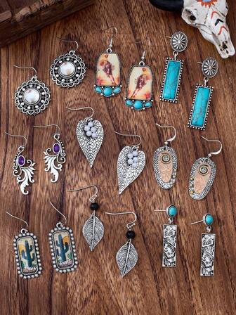 MONLOTTI 1/3/5/9 对随机西部复古女牛仔装饰，波西米亚风珠宝绿松石耳环，骑马女孩，绿松石耳环，仙人掌耳环，树叶，日月星耳环，叶纹理耳环和其他各种耳环配套套装，西部装饰女士珠宝套装