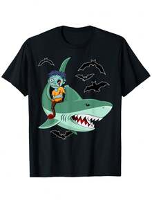 Camiseta gráfica divertida de zombie montando tiburón -% algodón. Regalo perfecto para amigos; familia. Lavable aáquina - Negro. Tallas S- - Negro - Ver 6