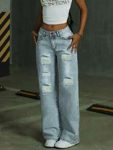 Teen Girls' Casual Distressed Wide-Leg Jeans, Minimalist Fashion For Daily Wear - Light Wash - View 4