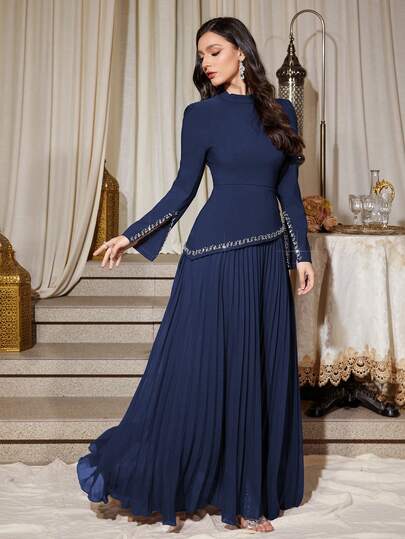 Women's Solid Color Small Stand Collar Asymmetrical Rhinestone Cuff Hem Pleated Super Flared Soft Birthday Party Dress