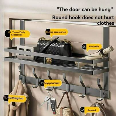Heavy Metal Door Storage Rack-Space-Saving Door Storage Rack, Which Can Be Easily Installed Without Tools. Hooks Are Suitable For Hanging Bags, Hats And Keys-Suitable For Bedrooms, Bathrooms, Kitchens And Wardrobes-Modern Minimalist Design, Home Finishing, Solid Structure And Small Apartment Life.