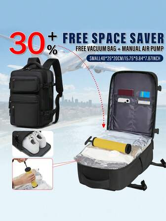 Ryanair Cabin Backpack 40x20x25cm - 14" Laptop Compartment, Includes Vacuum Compression Bags & Hand Pump Set, Shoe Storage, Foldable Seat And Cabin Organizer, Suitable For Short Trips, Unisex Minimalist Design, Cabin Bag, Compact Travel Gear, Fashionable Travel Bag, Secure Zipper Closure