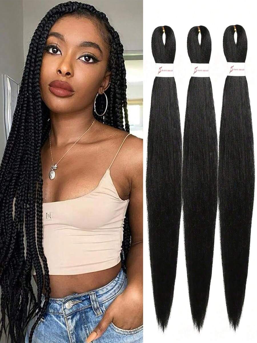 18-36 Inch Pre-Stretched Black Braiding Hair Extensions, Synthetic Braiding Wigs, Crochet Braiding Wigs, Natural Easy Crochet Wigs, Yaki Straight Synthetic Hair Extensions, For Women - Black - View 1