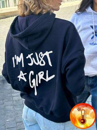 1pc Girls Casual Printed Pullover Hoodie Sweatshirt, Warm Thermal Lined, Star & English Text Design, Autumn/Winter