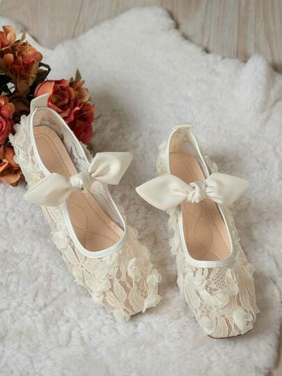 Zapatos planos de mujer con decoración de lazo y flor de rosa para otoño/invierno, zapatos de bailarina planos de encaje y malla, estilo Mary Jane suave y elegante, moda y cómodos, transpirables, adecuados para uso diario, vacaciones, boda, ballet