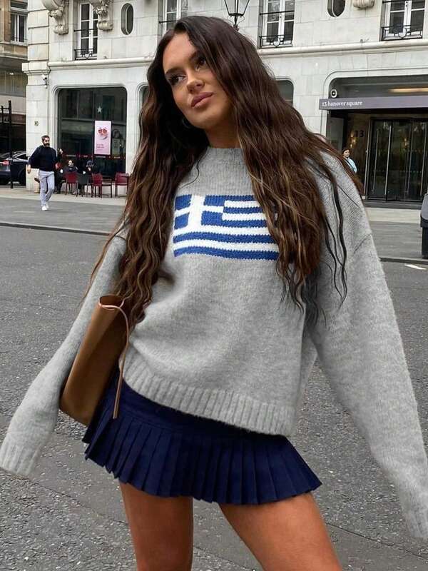 Jersey de punto de cuello redondo con contraste de color, otoño/invierno