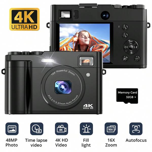 STUOGYUM Cámara digital STUOGYUM 4K 48MP con cámaras dobles frontal/trasera, compacta y portátil para selfies, con zoom 16x, pantalla de 2.8", enfoque automático, flash, tarjeta de 32GB y batería de 1050mAh, ideal para viajes, vlogs familiares, fotografía y grabación de video.