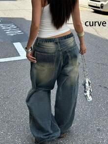 Plus Size Retro Casual Loose Straight Leg Denim Maxi Pants, Fashion & Versatile