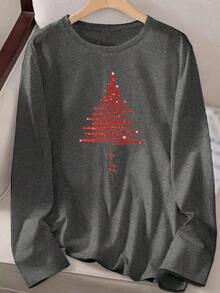 Women's Casual Long Sleeve Round Neck Pattern Printed T-Shirt-Red Christmas Tree Design ,Comfortable Fabric ,Machine Washable ,Suitable For Autumn - 深灰色 - 查看 3
