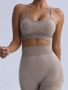 Seamless Comfortable Criss-Cross Strap Sports Bra - Brown - View 5