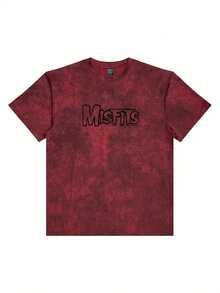 Misfits Horror Punk Style Red Marbled Tie-Dye Acid-Washed Short Sleeve Crew Neck T-Shirt - Bold Black Stylized Lettering Print, Casual Summer Cotton Tee For Fans- Fall Graphic T-Shirt Women's Halloween Animal Print Casual T-Shirt For Fall Outfit - 紅色 - 查看 1