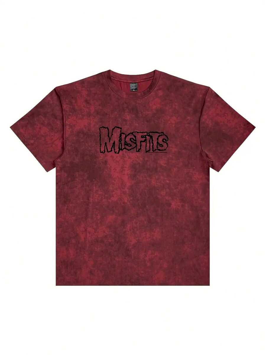 Misfits Horror Punk Style Red Marbled Tie-Dye Acid-Washed Short Sleeve Crew Neck T-Shirt - Bold Black Stylized Lettering Print, Casual Summer Cotton Tee For Fans- Fall Graphic T-Shirt Women's Halloween Animal Print Casual T-Shirt For Fall Outfit - 紅色 - 查看 1