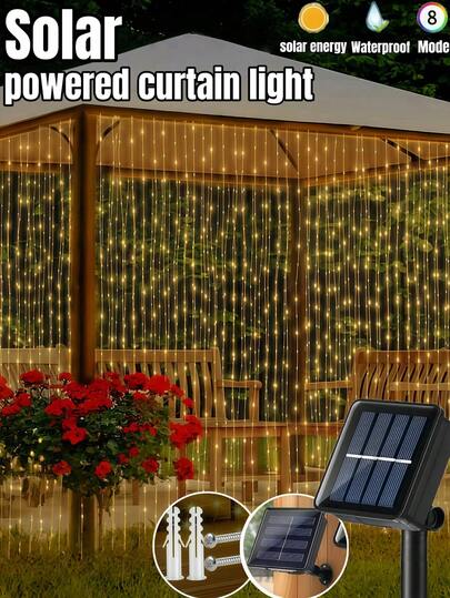 1 قطعة إضاءة ستارة بالطاقة الشمسية LED، 8 أوضاع، إضاءة جنية مقاومة للماء للاستخدام الخارجي - مناسبة لديكور الحديقة والفناء وحفلات الزفاف والأعياد والمناسبات العائلية وعيد الميلاد والديكور الخريفي - 300/200/100 LED (أبيض دافئ/أبيض/ملون)