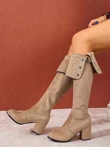 女士过膝长靴，粗跟，保暖，搭扣闭合，圆头，高跟，松紧带，秋冬 - 杏色 - 查看 5