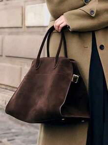 Vintage Brown Suede Tote Bag - Large Capacity Commute Shoulder Bag With Magnetic Closure, Nylon Lining, Handles, Ideal For Everyday Use, Everyday Tote Bag | Vintage Style Bag | Handles, Tote Bag - Brown - View 2