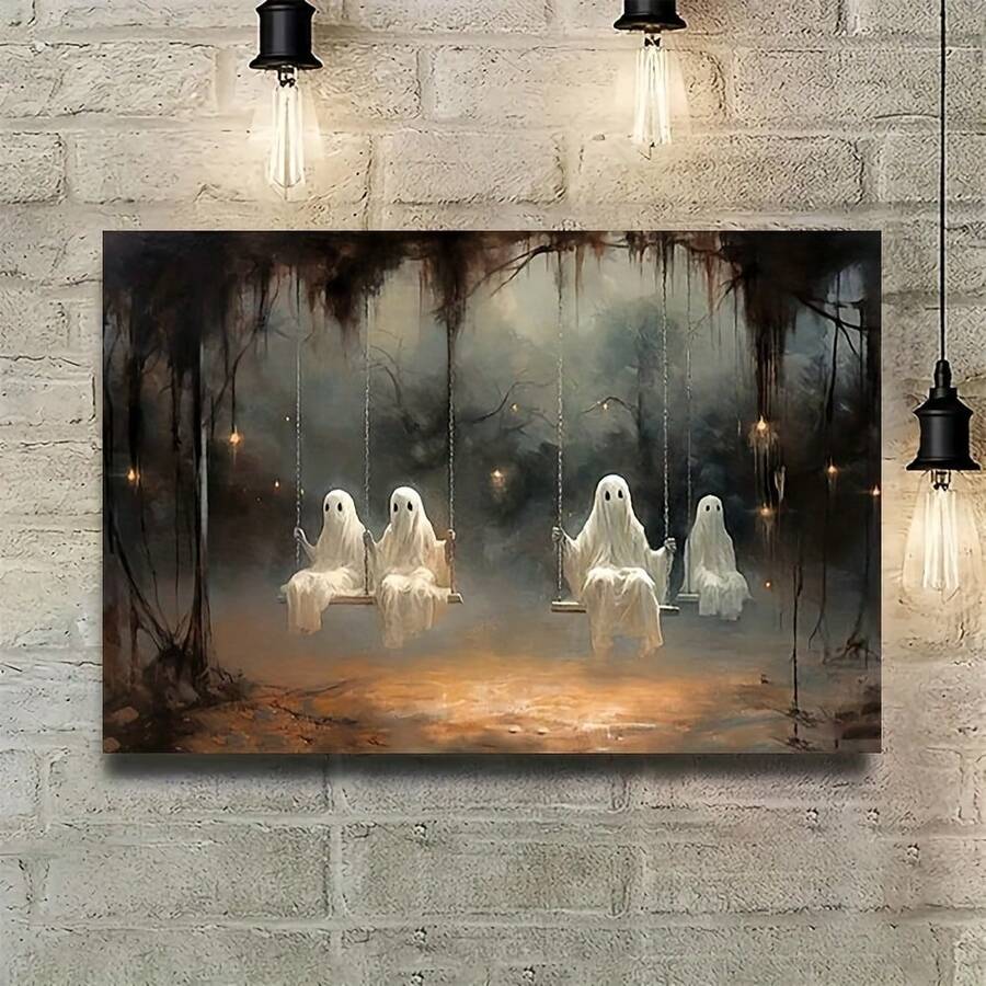 Tranh treo tường bằng vải canvas hình ma quái trên xích đu - Áp phích trang trí chủ đề Halloween - Tác phẩm nghệ thuật đa năng không khung cho gia đình, văn phòng hoặc quán cà phê - Thiết kế hình ma trừu tượng - Treo tường trong nhà và ngoài trời 12x16 inch - Nhiều màu - Xem 1