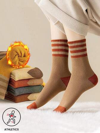 10 双女士厚羊毛混纺中筒袜，秋冬保暖条纹运动袜