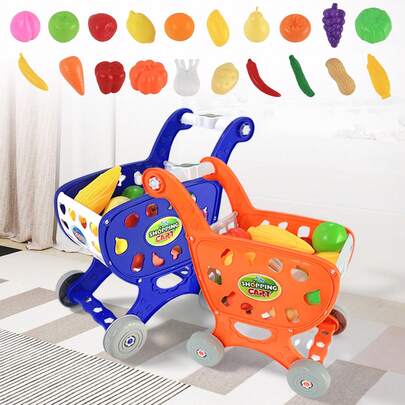 Kids Pretend Play Shopping Cart Toy With 20 Kinds Of Food, Fruits, Vegetables, Grocery Store Items, Toy Accessories For Role Play, Educational Kitchen Play Set
