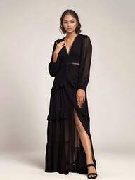 Women's Elegant Lace Patchwork Long Sleeve Deep V-Neck Dress, Autumn/Winter