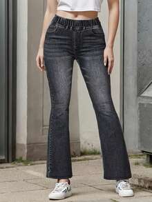 Quần jeans nữ ống loe cạp cao dáng ôm màu trơn, lưng thun, kiểu dáng đường phố đa năng, màu đen, thích hợp cho mùa xuân. - màu đen - Xem 3