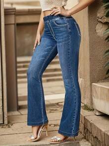 Quần jeans nữ kiểu Âu-Mỹ màu trơn, cạp trung, dáng ôm, lưng thun, ống loe, thích hợp mặc thường ngày, phong cách đường phố, mùa xuân. - Màu xanh lam - Xem 3
