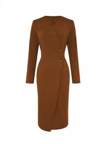 女士高端优雅中长连衣裙，端庄精致，适合春秋季节，修身显高秋季连衣裙 - 珊瑚橙 - 查看 2