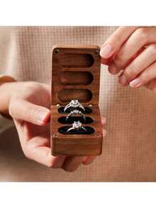 Mr & Mrs Ring Box 3 Slot For Wedding Ceremony Engagement Birthday Ring Bearer Box Wooden Engrave Wedding Ring Box- Black Lining - 棕色 - 查看 5
