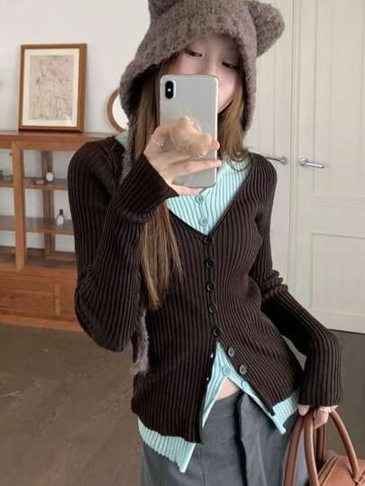 独特设计撞色长袖女式T恤，收腰修身百搭针织上衣，适合秋冬