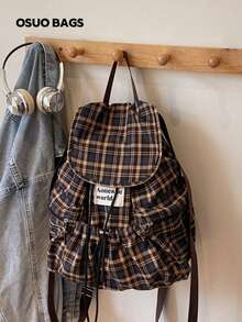 1 件时尚格子多口袋尼龙休闲背包，防水轻便可折叠抽绳贴片字母旅行包