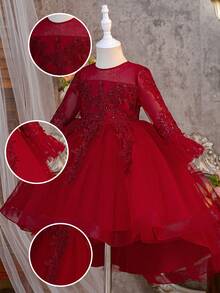 Long Sleeve Sequin Applique Tulle Elegant White Tailcoat Princess Dress, Suitable For Flower Girl, Wedding, Birthday Party, Without Headband - 酒紅色 - 查看 6