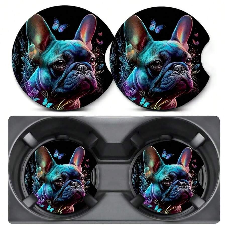 2 Pack Car Coasters For Cup Holders,French Bulldog & Butterfly Car Cup Holder Coasters,2.75" Universal Size Anti Slip Rubber Mat,Car Cup Holder Decal Decor Accessories,Dog Gifts For Dog Lover{"Color_name":"BlackDog-3","Size_name":"2PCS"} - 黑狗-3 - 查看 1