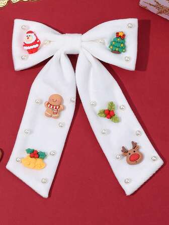 1 pieza Lazo de Navidad para el cabello de mujer con diseño lindo de Papá Noel, árbol de Navidad, bayas, campanas, renos y perlas. Accesorios decorativos para el cabello con colas largas, lazo blanco, clip de lazo rojo, pasador verde para decoración navideña, accesorio para el cabello de mujer