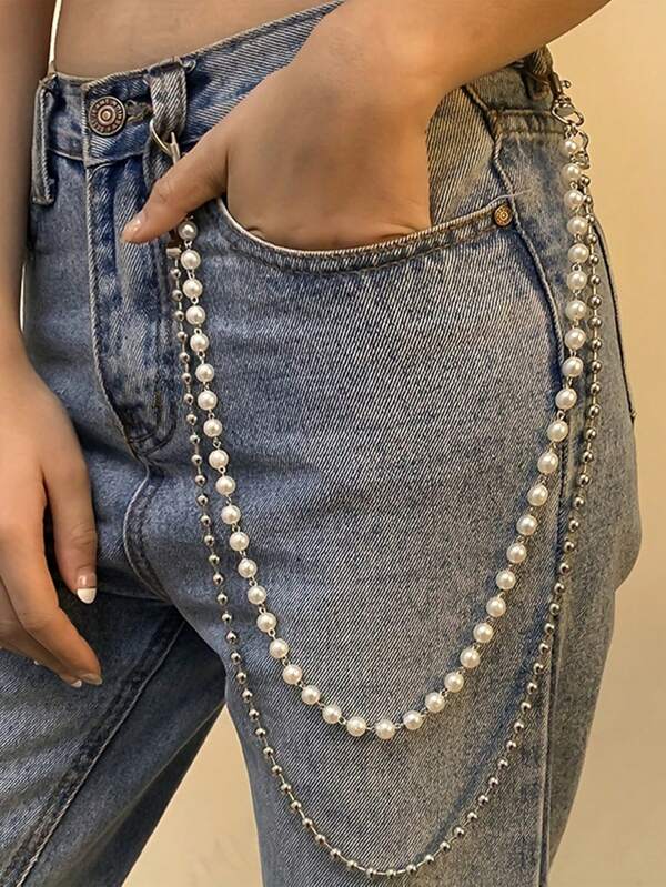 1 Stück Retro Kunstperlen Hosen Kette Silber Metall Taschenkette Klassische mehrschichtige Geldbörse Kette Jeans Gürtel Accessoires Frauen