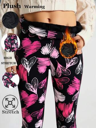 Women's Autumn/Winter Thick Thermal Lined Leggings, Fashionable European Style, High Elasticity & Soft, Multi-Color Heart Pattern, Warm & Comfortable For Home, Yoga, Exercise, Outdoor Activities, 7/8 Length