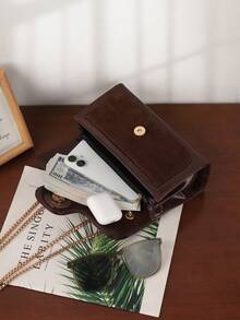 复古时尚女士单肩包，优雅链条斜挎包，纹理皮革小手机袋 - 咖啡棕 - 查看 6