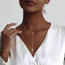 Luxval Lariat Gold Necklace For Women, Dainty Long Necklace 14k Gold Plated/Silver Y-Shaped Pendant Necklaces  Beaded Chain Drop Necklaces Jewelry For Women Gifts{"Color_name":"Gold-DoubleHeart"} - 金雙心 - 查看 5