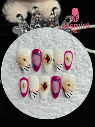 10 件手工美甲套装，3D 按压式杏仁美甲，白色指甲，紫色指甲，法式指尖，手工雕刻，金色星爆配饰，钢球链，手绘线条设计，情人节杏仁指甲，带美甲工具（1 个果冻贴纸 + 1 个指甲锉）适合派对、节日、生日礼物、休闲和日常穿着美甲用品