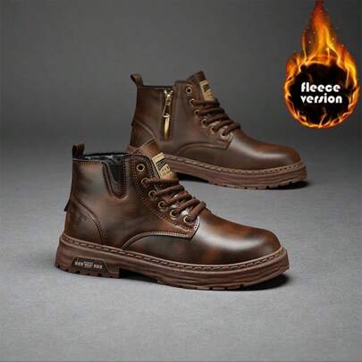 Ghete călduroase cu căptușeală termică pentru bărbați, pentru toamnă/iarnă, pantofi de mers casual cu șireturi, ghete casual de culoare uni, pantofi de mers cu șireturi și fermoar lateral, potrivite pentru diverse activități în aer liber pe timp de iarnă