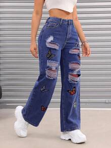 Women's Fashion Ripped Floral Print Straight Leg Wide Leg Jeans Casual Spring - Medium Wash - View 5