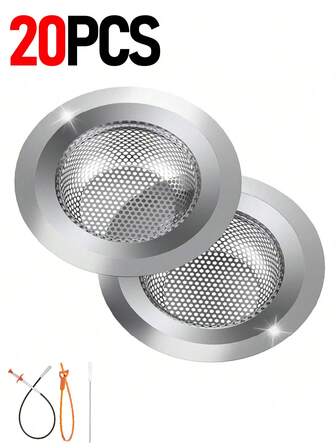 厨房水槽滤网套装，带排水疏通器 | 20/10/6/4/2 件装不锈钢水槽滤网 | 4.5 英寸宽边滤篮 | 通用食物残渣收集器