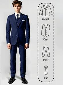 4pcs Teenage Boys Suit Set, Toddler Tuxedo Formal Wear, Wedding Party Outfit Including Jacket, Vest, Pants, Tie, Suitable For Teens Birthday, Wedding, Graduation, Wedding Guest, Ring Bearer, Navy Blue, Size 6-16 Years - Navy Blue - View 5