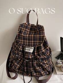 1 件时尚格子多口袋尼龙休闲背包，防水轻便可折叠抽绳贴片字母旅行包