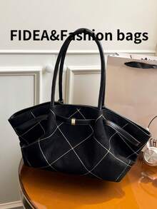 1 pieza Bolso de mano de gran capacidad para mujer, de cuero de PU de color rojo burdeos, con decoración de cinturón, material de PU, bolso de hombro tipo tote, estilo retro minimalista y elegante, adecuado para compras, ir al trabajo y uso diario de las mujeres - Negro - Ver 9