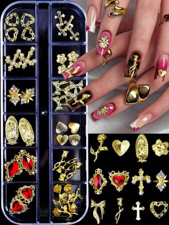 38 st. rubinhjärta guldlegering hjärtformad rosrosett kors Buddha-staty nagelkonst berlock-set, Y2k-stil lyxig religiös stil 3D guldlegering blandad design med glittrande strass rubin, gör-det-själv handgjorda nagelsmycken, oparfymerade nagelprodukter, nagelberlock nagelädelstenar, strass och ornament.
